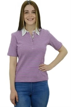 Beyaz Mor Çizgili Yakalı T-Shirt - Resim 2