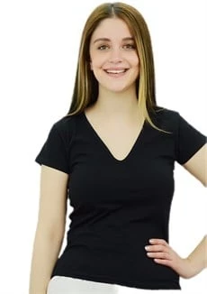 V Yaka Siyah Basic T-Shirt - 1