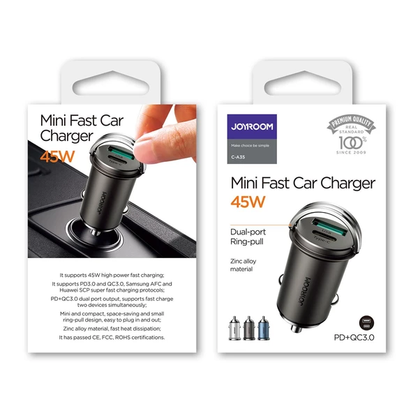 Joyroom C-A35 45W Hızlı Araç Şarjı USB-C PD 3.0 Quick Charge 3.0