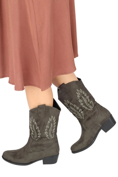 Haki Yeşil Süet Günlük Kısa Topuklu Kovboy Bot - Nana - 3