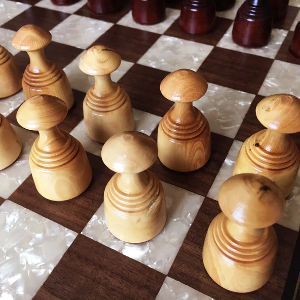 El Yapımı Şimşir Ahşap Dama Taşı Takımı 50mm Krem-Kahve - 6