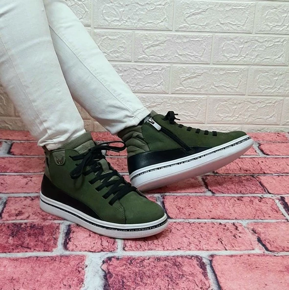 Voyager 8498 Haki Yeşil Hakiki Deri Kaymaz Taban Fermuarlı Bağacaklı Bot - Resim 6