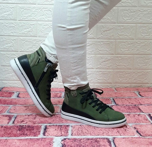 Voyager 8498 Haki Yeşil Hakiki Deri Kaymaz Taban Fermuarlı Bağacaklı Bot - Resim 4