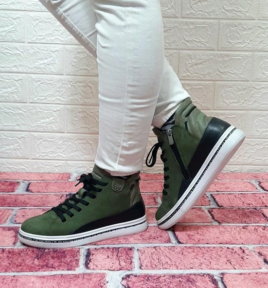 Voyager 8498 Haki Yeşil Hakiki Deri Kaymaz Taban Fermuarlı Bağacaklı Bot - Resim 2