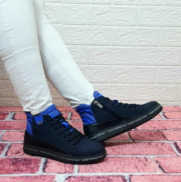 Voyager 8498 Lacivert Nubuk Hakiki Deri Kaymaz Taban Fermuarlı Bağacaklı Bot - Resim 4