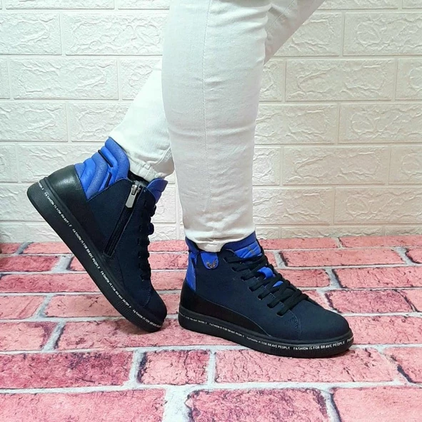 Voyager 8498 Lacivert Nubuk Hakiki Deri Kaymaz Taban Fermuarlı Bağacaklı Bot - Resim 2