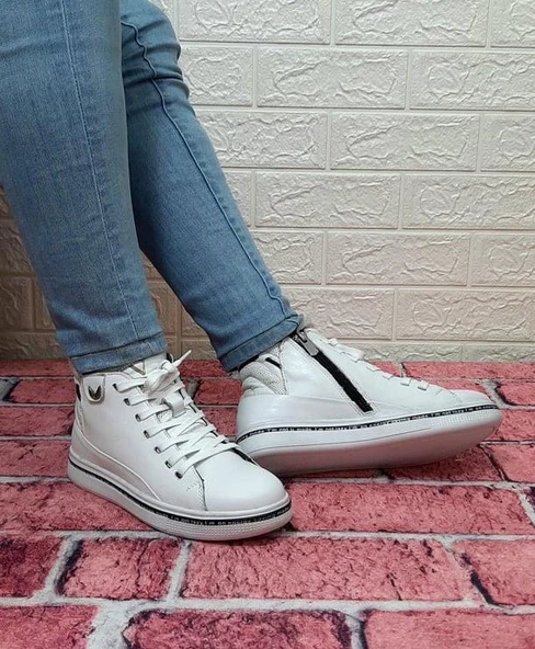 Voyager 8498 Beyaz Renk Hakiki Deri Kaymaz Taban Fermuarlı Bağacaklı Bot - Resim 5