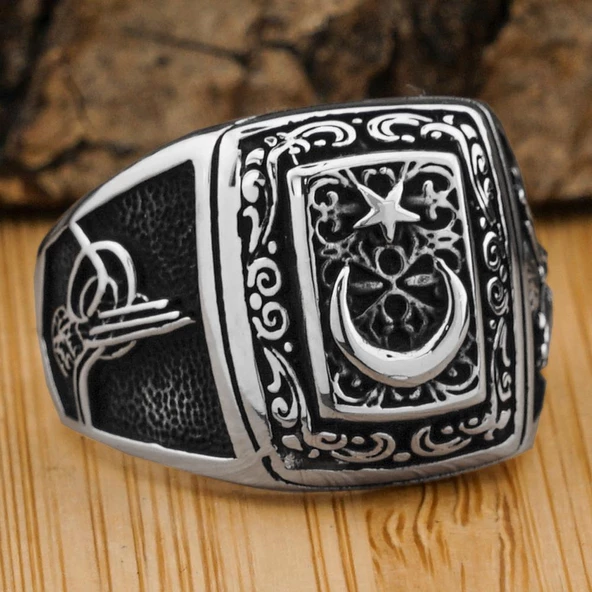 Ay Yıldız Tasarımlı Osmanlı Arma ve Tuğra Motifli Gümüş Yüzük ürün görseli