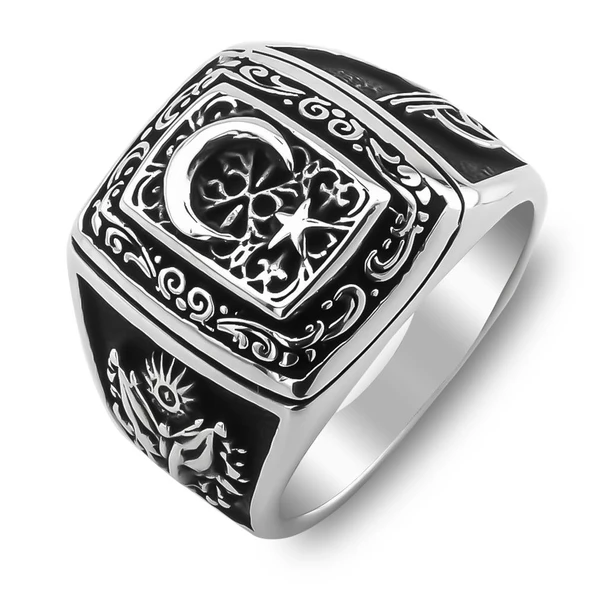 Ay Yıldız Tasarımlı Osmanlı Arma ve Tuğra Motifli Gümüş Yüzük - Resim 3