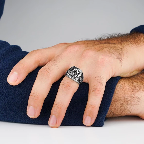 Ay Yıldız Tasarımlı Osmanlı Arma ve Tuğra Motifli Gümüş Yüzük - Resim 2