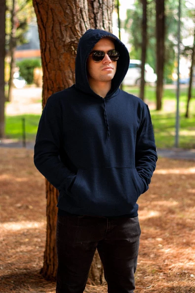Erkek Lacivert Düz Basic Kapüşonlu Cepli Oversize Sweatshirt 21ESWT1KNG - 5