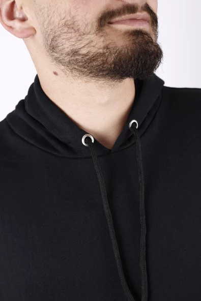 Erkek Siyah Düz Basic Kapüşonlu Cepli Oversize Sweatshirt 21ESWT1KNG - 5