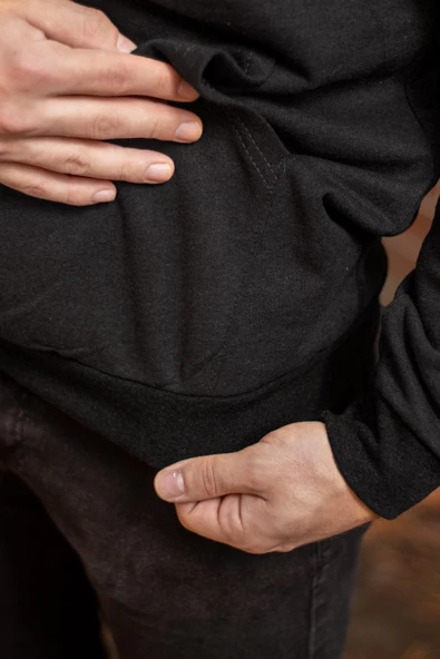 Erkek Siyah Düz Basic Kapüşonlu Cepli Oversize Sweatshirt 21ESWT1KNG - 6