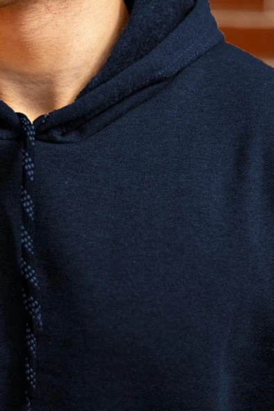 Erkek Lacivert Düz Basic Kapüşonlu Cepli Oversize Sweatshirt 21ESWT1KNG - 3