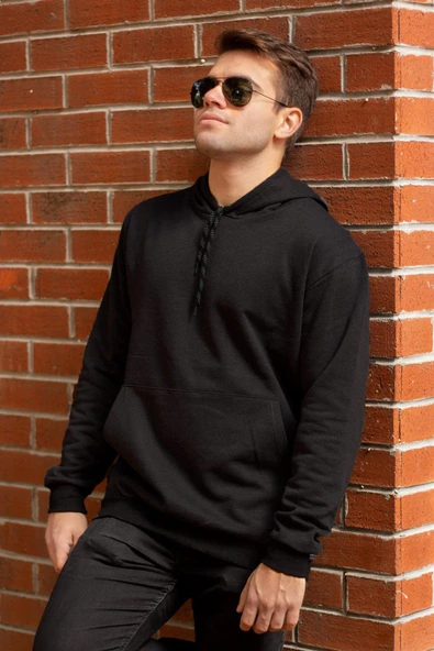 Erkek Siyah Düz Basic Kapüşonlu Cepli Oversize Sweatshirt 21ESWT1KNG - 3