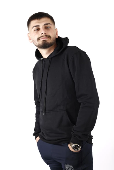 Erkek Siyah Düz Basic Kapüşonlu Cepli Oversize Sweatshirt 21ESWT1KNG - 4