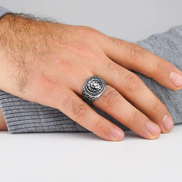 Aslan Tasarımlı Desenli 925 Ayar Gümüş Yüzük - Resim 2