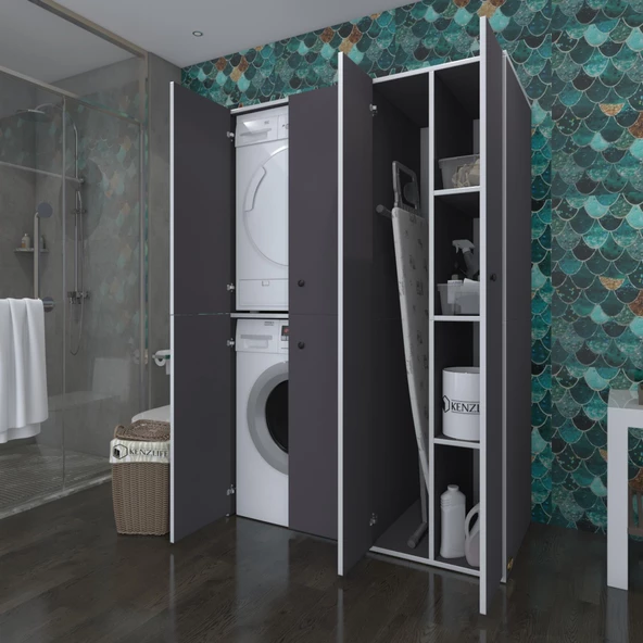Kenzlife çamaşır-kurutma makinesi dolabı kapaklı yaromira gri 180*120*60 banyo arkalıksız - Resim 5