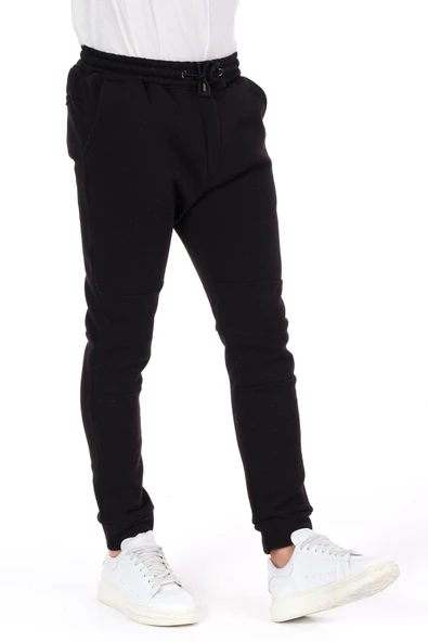 Erkek Paçası ve Beli Lastikli Bağcıklı Üç İplik Şardonlu Kalın Rahat Spor Eşofman Altı Pantolon - 4