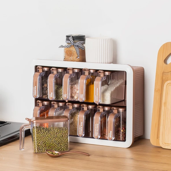 Porsima 1120 12li Standlı Kendinden Yapışkanlı Kaşıklı Kapaklı Baharatlık Saklama Kabı Seti - Bakır Beyaz - Resim 5