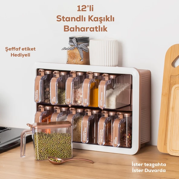 Porsima 1120 12li Standlı Kendinden Yapışkanlı Kaşıklı Kapaklı Baharatlık Saklama Kabı Seti - Bakır Beyaz - Resim 2