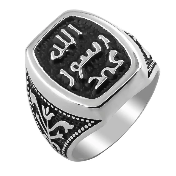 Allah Resulü Muhammed Yazılı Lale Figürlü 925 Ayar Gümüş Yüzük - Resim 3