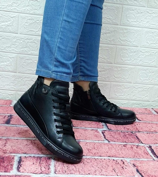 Voyager 8498 Siyah Hakiki Deri Kaymaz Taban Fermuarlı Bağacaklı Bot - Resim 6