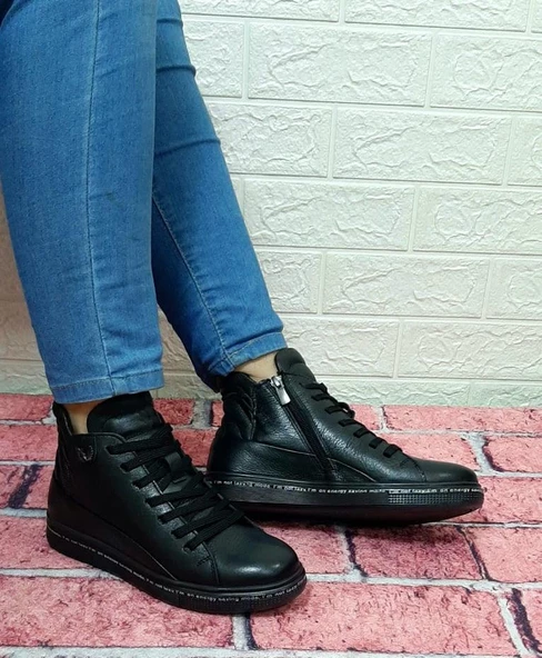 Voyager 8498 Siyah Hakiki Deri Kaymaz Taban Fermuarlı Bağacaklı Bot - Resim 4