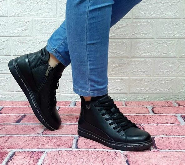 Voyager 8498 Siyah Hakiki Deri Kaymaz Taban Fermuarlı Bağacaklı Bot - Resim 5