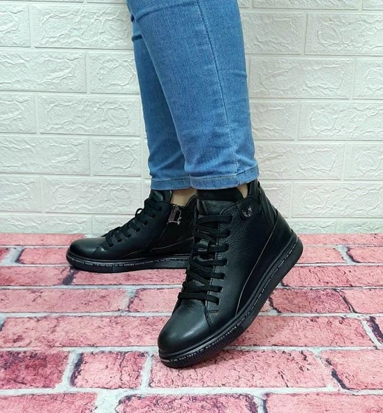 Voyager 8498 Siyah Hakiki Deri Kaymaz Taban Fermuarlı Bağacaklı Bot - Resim 3