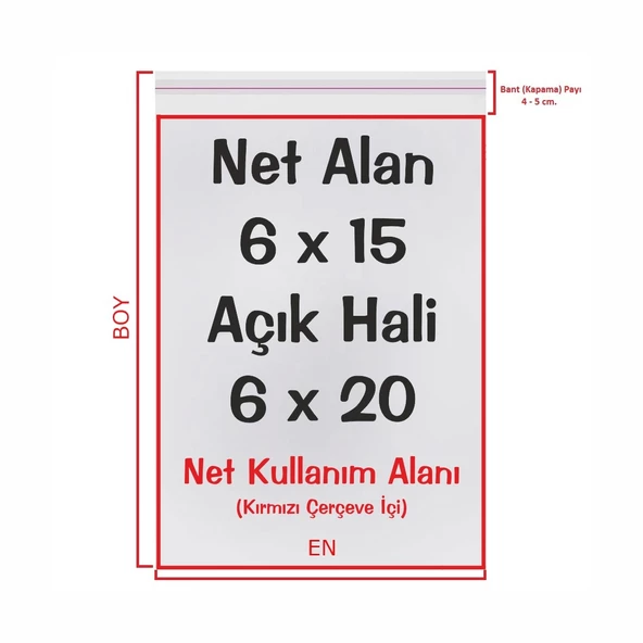 6x15+5 cm. (6x20) 100 Adet - Şeffaf Bantlı Yapışkanlı OPP Jelatin Poşet