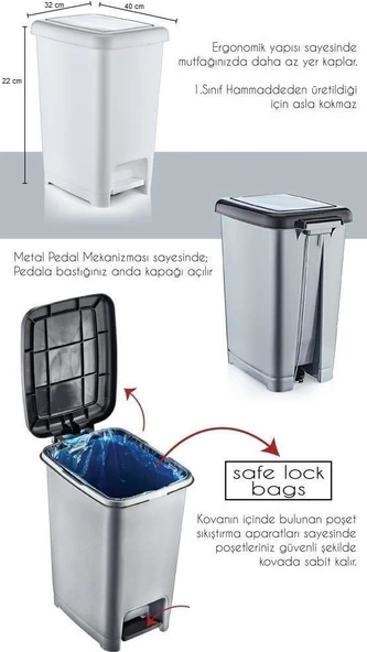 BvLX Slim Pedallı Plastik Çöp Kovası Siyah Kapaklı 15 lt - 3