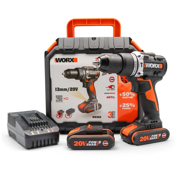 Worx Wx352 20Volt/2.0Ah Li-İon Çift Akülü Kömürsüz Profesyonel Şarjlı Darbeli Matkap