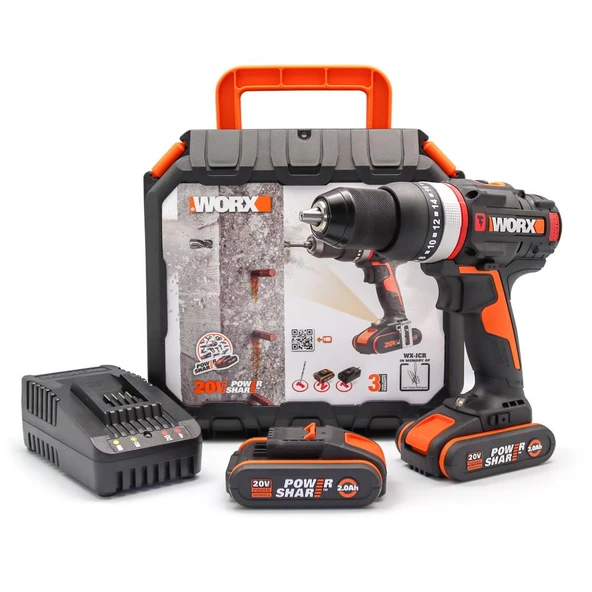 Worx Wx-Jcr 20Volt/2.0Ah Li-İon Çift Akülü Kömürsüz Profesyonel Darbeli Şarjlı Matkap