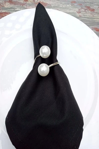 12 Adet Gümüş Metal Halkalı Krem İncili Peçete Yüzüğü - Resim 3