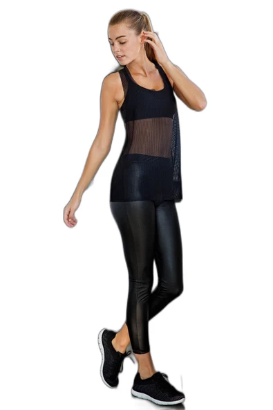 Yeni İnci Suni Deri Siyah Sporcu Tayt Tek Alt YNCT146 - 3