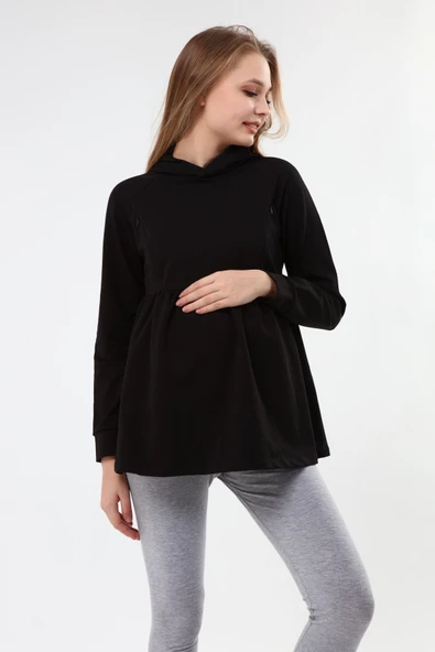 Luvmabelly MYRA4531 Büzgülü Fermuarlı Emzirme Sweatshirt -Siyah