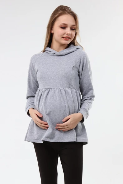 Luvmabelly MYRA4530 Büzgülü Fermuarlı Emzirme Sweatshirt -Gri