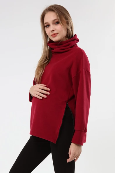 Luvmabelly MYRA4282 Fermuarlı Hamile Sweatshirt -Bordo