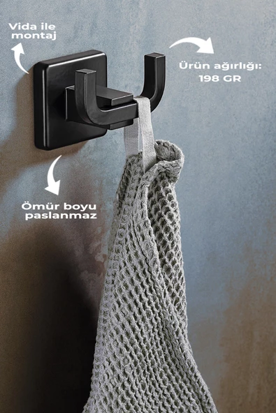 SAS Ömür Boyu Paslanmaz İki Kancalı Havlu Ve Bornoz Askılığı Siyah D-008 - Resim 3