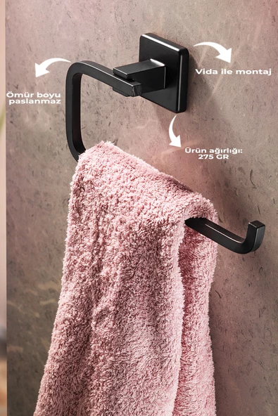 SAS Ömür Boyu Paslanmaz Solo Havluluk Ve Havlu Askılığı Siyah D-009 - Resim 3