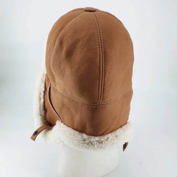 Pilot Model İçi Kürklü Hardal Renk Deri Şapka - 4