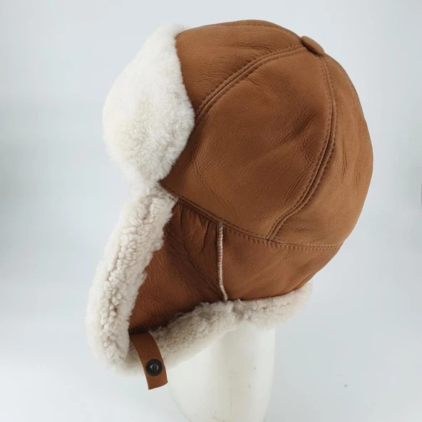 Pilot Model İçi Kürklü Hardal Renk Deri Şapka - 11