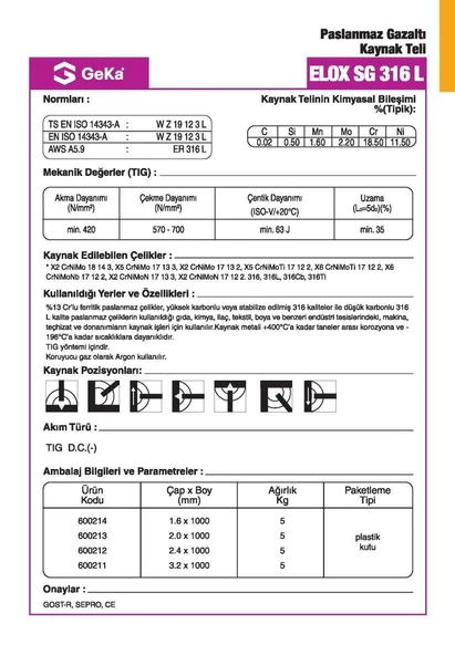 GeKa ELOX SG 316 L Tig Teli 1.6x1000 MM