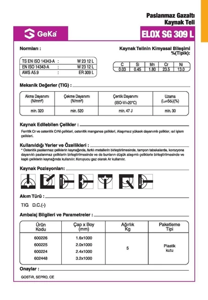 GeKa ELOX SG 309 L Tig Teli 2.0x1000 MM - 2
