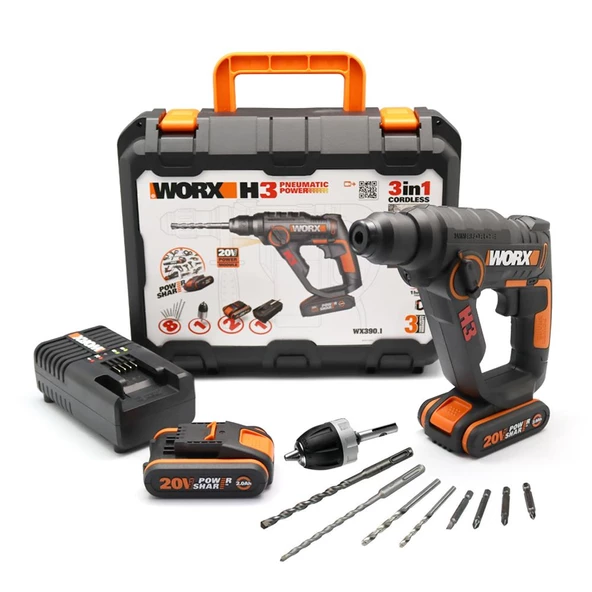 Worx Wx390.1 20Volt 2.0Ah. Li-İon 1.2J Profesyonel Sds-Plus Pnömatik Çift Akülü Şarjlı Matkap + 8 Adet Uç + Mandren