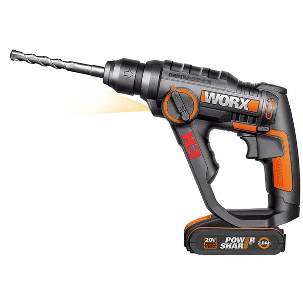 Worx Wx390.1 20Volt 2.0Ah. Li-İon 1.2J Profesyonel Sds-Plus Pnömatik Çift Akülü Şarjlı Matkap + 8 Adet Uç + Mandren - 2