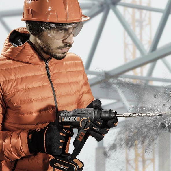 Worx Wx390.1 20Volt 2.0Ah. Li-İon 1.2J Profesyonel Sds-Plus Pnömatik Çift Akülü Şarjlı Matkap + 8 Adet Uç + Mandren - 9