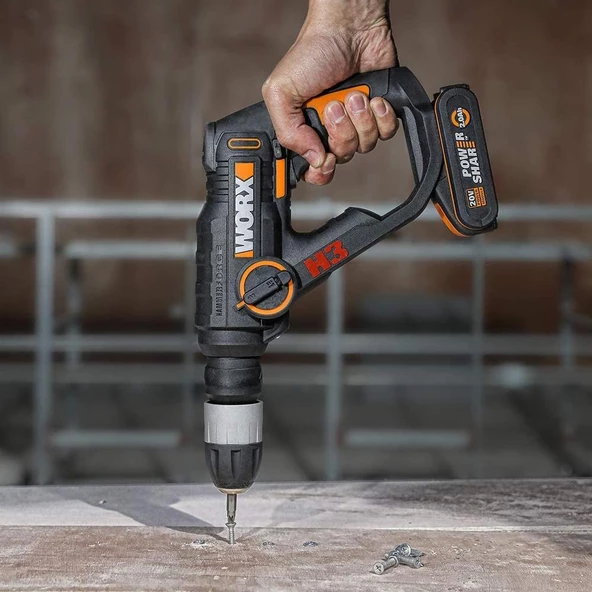 Worx Wx390.1 20Volt 2.0Ah. Li-İon 1.2J Profesyonel Sds-Plus Pnömatik Çift Akülü Şarjlı Matkap + 8 Adet Uç + Mandren - 6