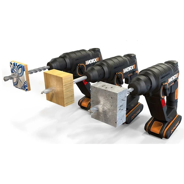 Worx Wx390.1 20Volt 2.0Ah. Li-İon 1.2J Profesyonel Sds-Plus Pnömatik Çift Akülü Şarjlı Matkap + 8 Adet Uç + Mandren - 11